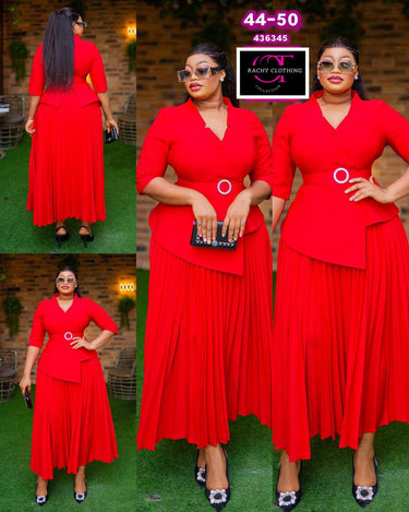 V-Neck Stylish Peplum Pleated Women Belted Dress